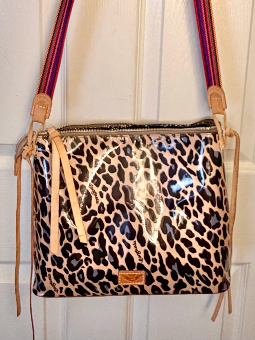 Leopard Print Crossbody with Turquoise Floral Embroidery - Picture 2 of 5